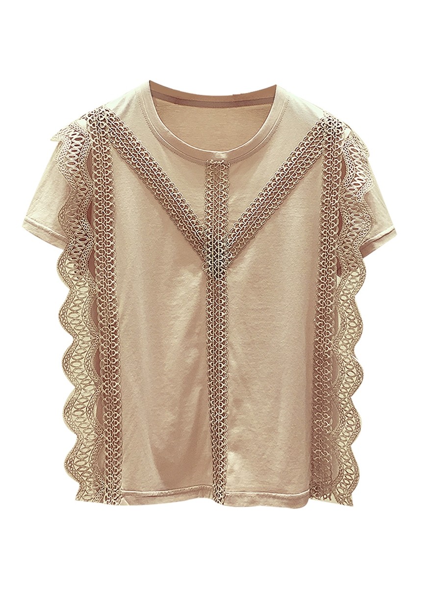 蕾丝衫女短袖超仙显瘦钩花镂空百搭甜美洋气小衫很仙的雪纺上衣夏