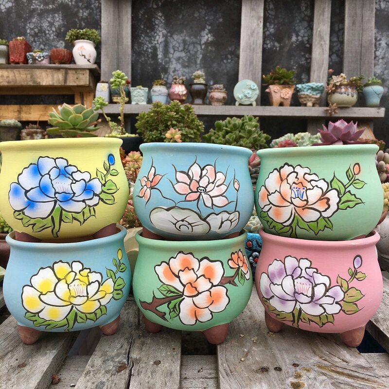 大口径圆口手工延禧彩画透气粗陶带脚大底孔创意陶瓷手绘多肉花盆