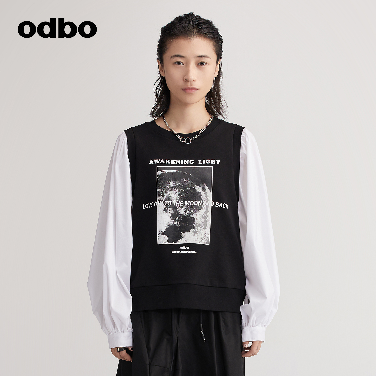 odbo/欧迪比欧原创设计假两件印花卫衣女秋装新款高级感上衣