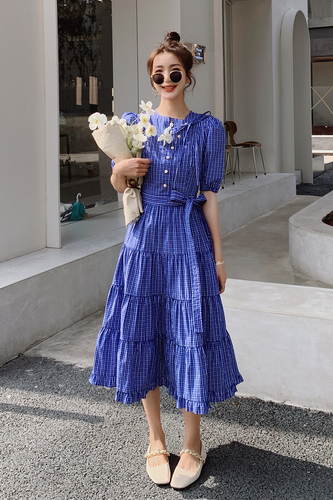 现货0706#p105控155蓝色小格子泡泡袖褶皱系带长款连衣裙