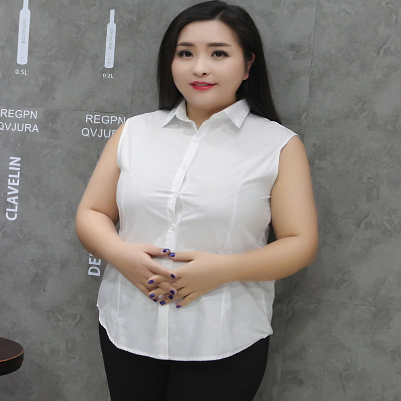 无袖衬衫女打底 胖mm_大码棉无袖白衬衫女春 胖mm200斤加肥加大宽松