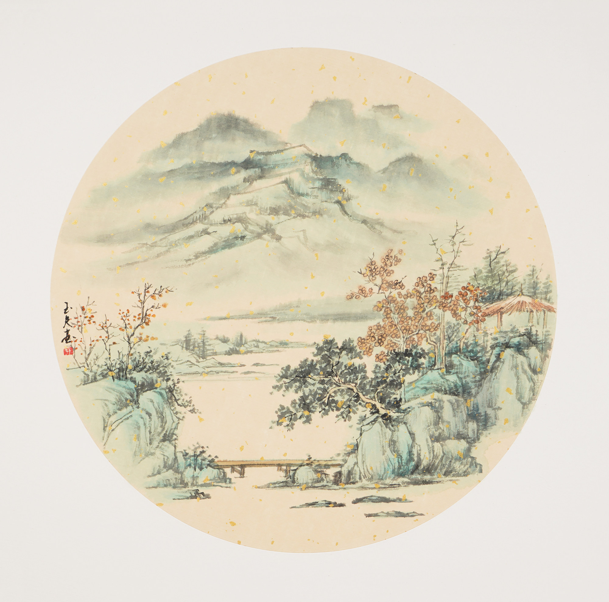 斗方山水画手绘已裱卡纸水墨画玄关客厅装饰画手工画石玉夫00005