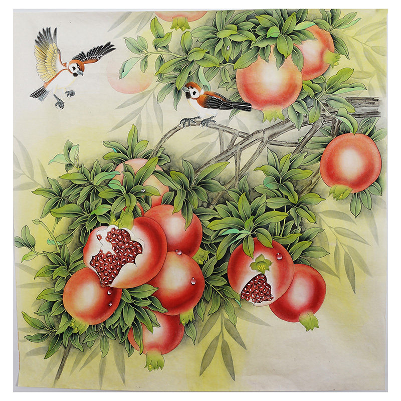四时同艺术的优惠券大全—斗方工笔石榴画多子多福纯手绘国画苹果花鸟