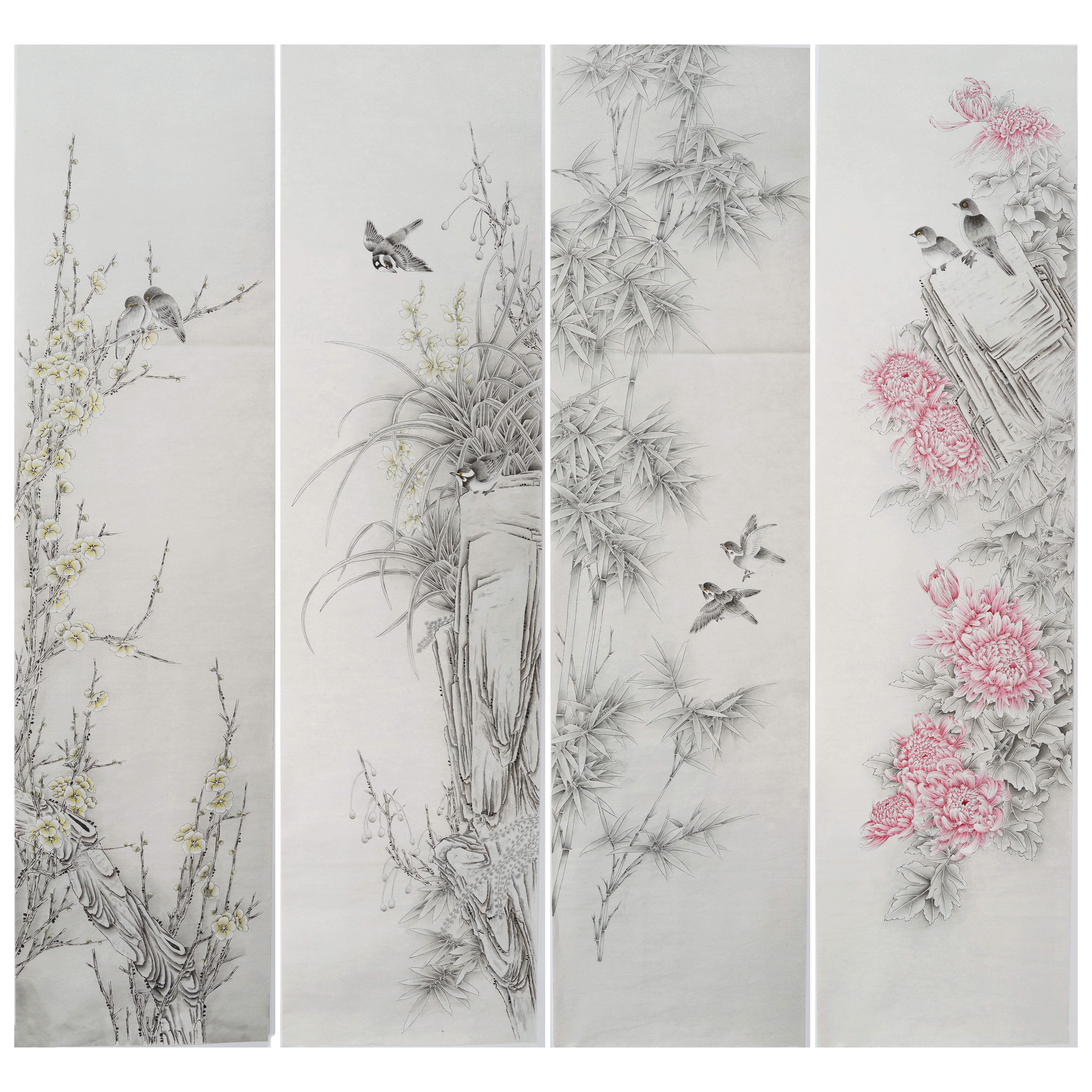 工笔画淡雅梅兰竹菊四扇屏手绘精品国画墨色条屏无款画没题款0441