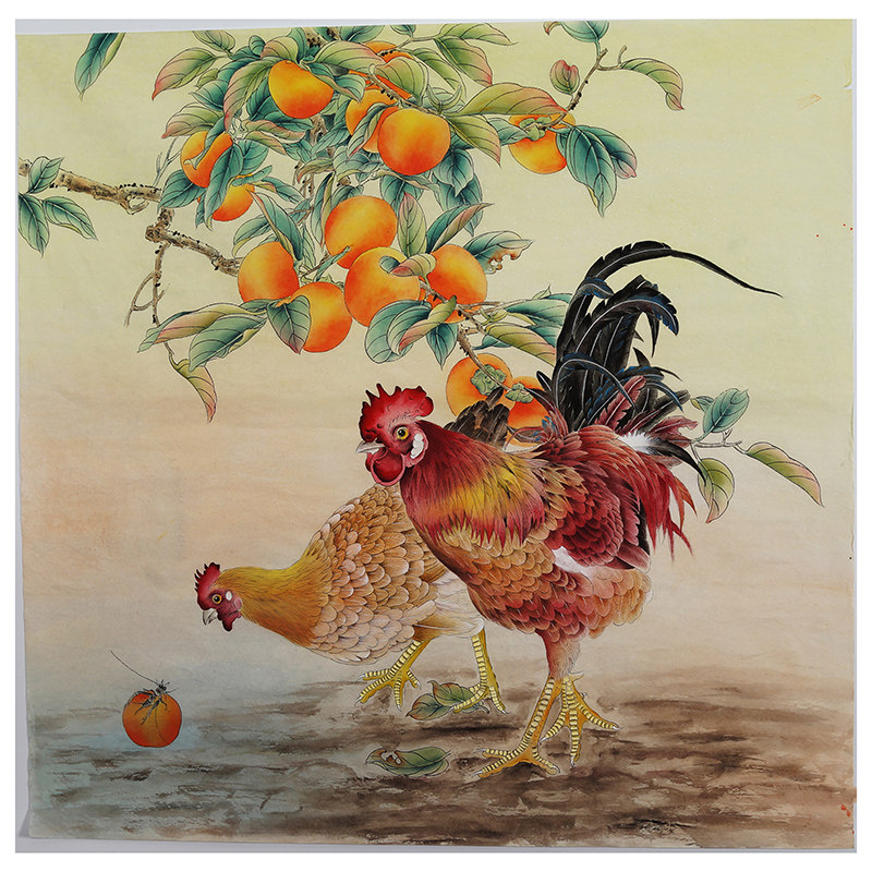 (今日10折)斗方工笔画公鸡图国画大鸡精品纯手绘花鸟画无款没题款字画