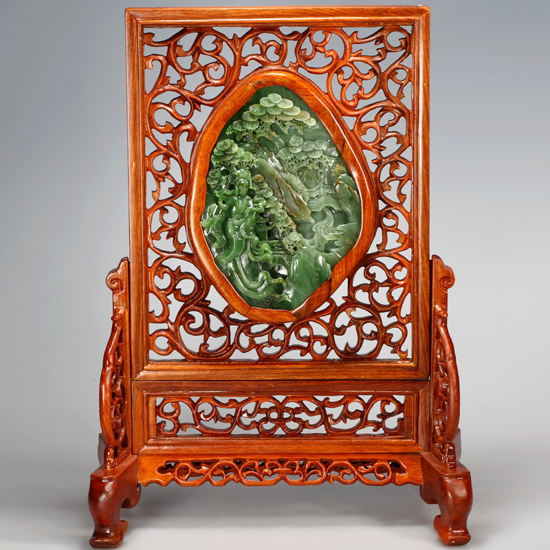 苏州工艺和田玉碧玉山水屏风1189克