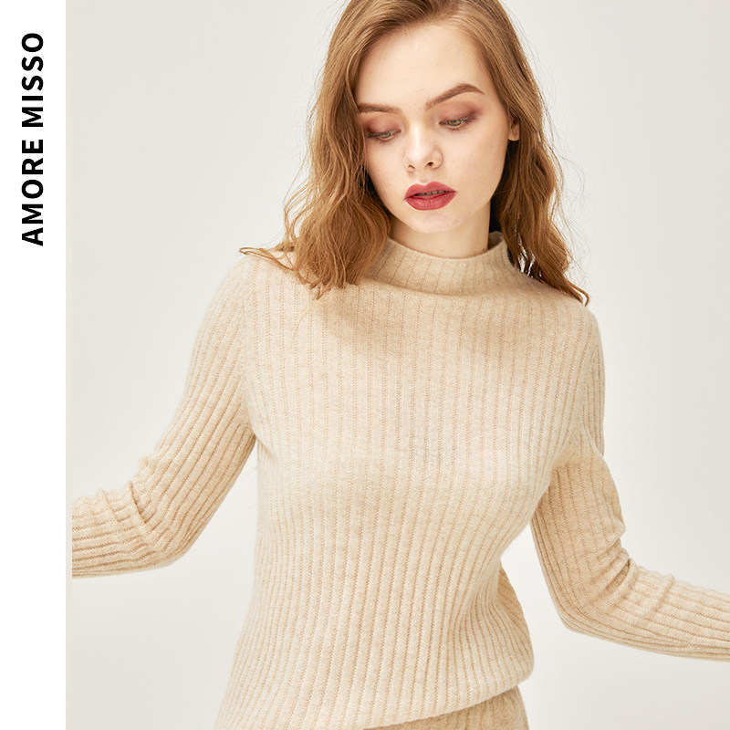 米梭羊绒衫女100纯羊绒半高领毛衣 修身打底衫冬 抽条正品针织衫