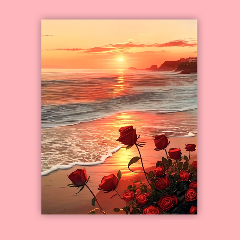 海上生花diy数字油画 郁金香手工填充色风景油彩挂画夕阳海滩玫瑰