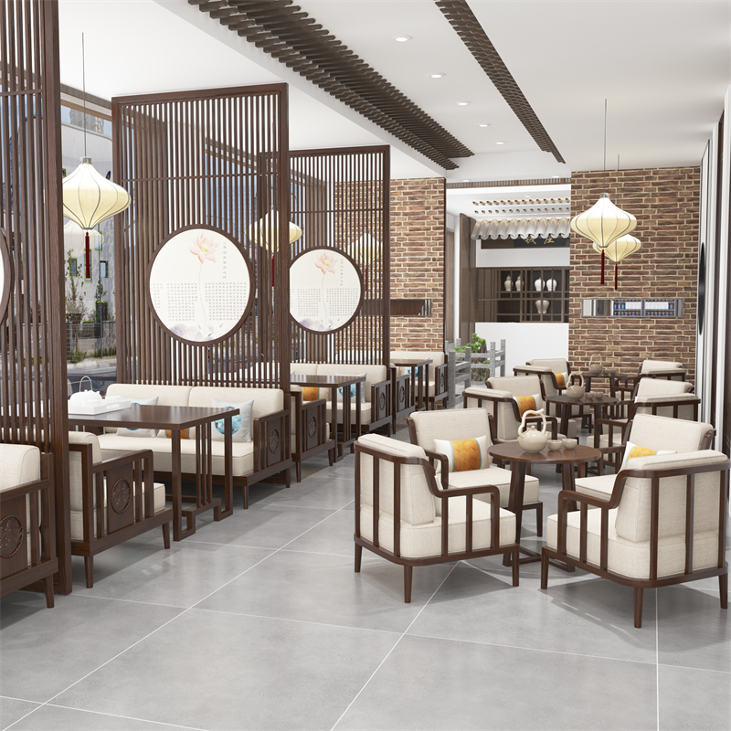 新中式茶楼卡座沙发实木现代简约酒店会所包厢茶室家具三件套组合