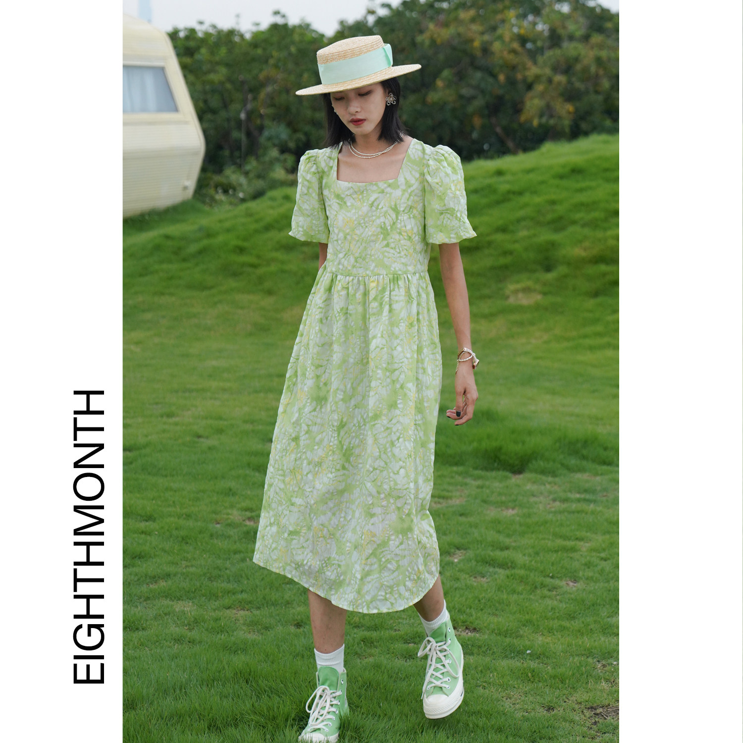 em八月 仙女连衣裙夏季薄款设计感小众泡泡袖碎花气质裙子小清新