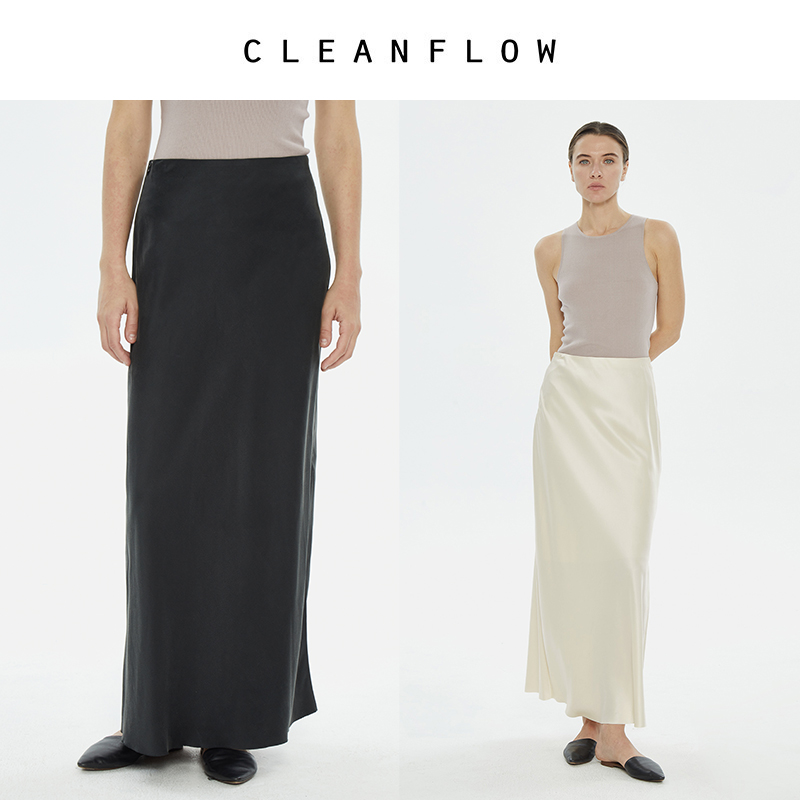 CLEANFLOW | 30姆米砂洗重缎桑蚕真丝斜裁超长开衩半裙黑色高级女