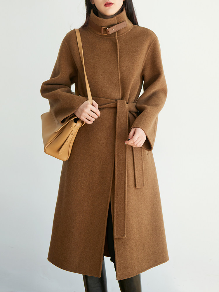 高端山羊绒大衣女新款真皮扣领口系带深咖啡色双面羊绒双面呢外套