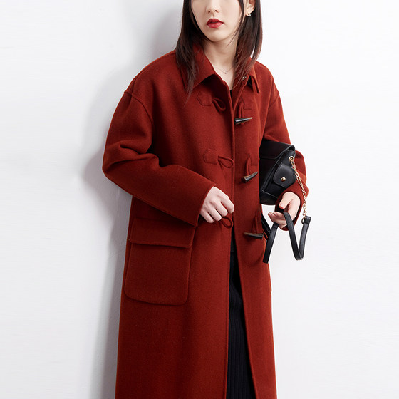 Red Ox Horn Button Double-sided Denim Cashmere Coat New Red Woollen Medium Length Double-sided Wool Coat For Women Red Ox Horn Button Double-sided Denim Cashmere Coat New Red Woollen Medium Length Double-sided Wool Coat For Women