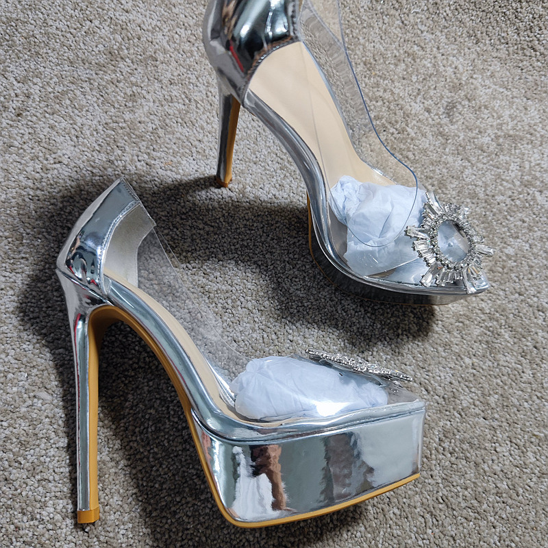 14CM亮银色水钻透明单鞋超高跟走秀女鞋尖头防水台欧美春季性感