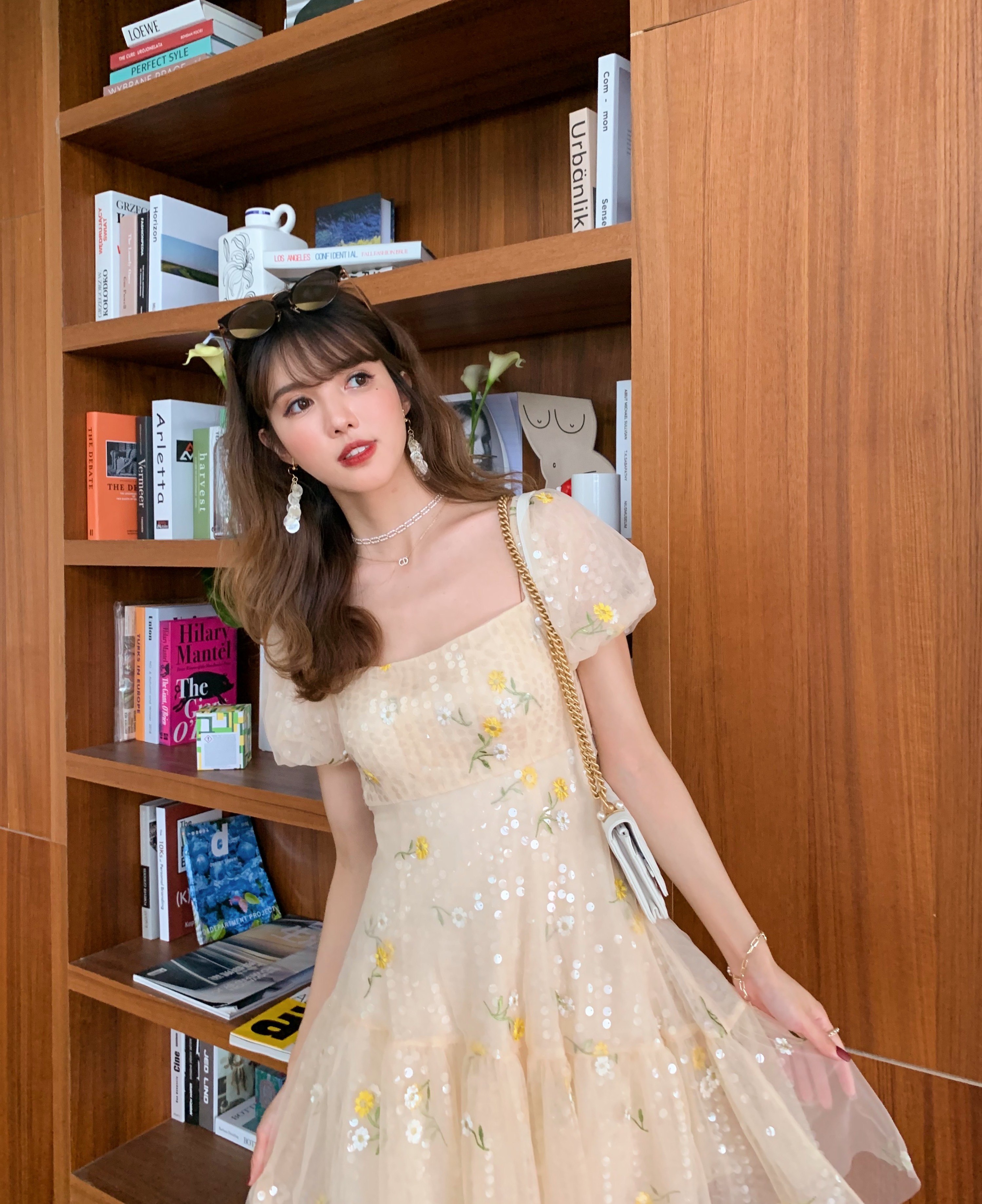 acaine梦幻精灵雏菊仙女裙方领泡泡袖网纱公主裙甜美少女连衣裙女