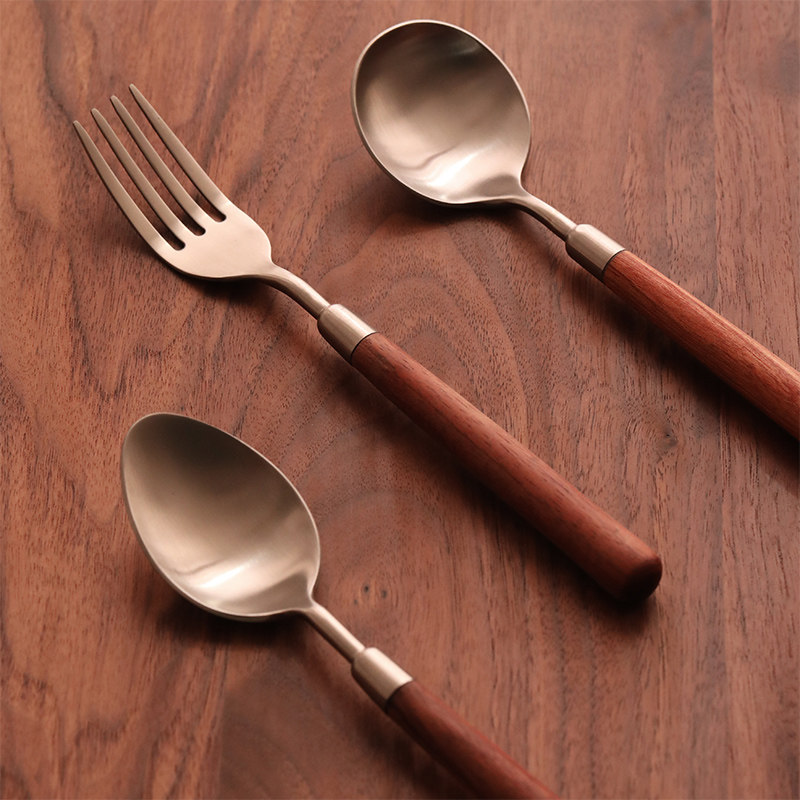 蓝莲花家居黑胡桃木柄不锈钢复古西餐叉百搭甜品叉简约ins风餐具