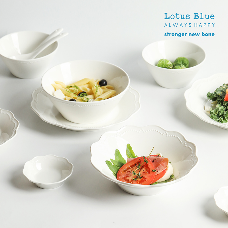 蓝莲花家居白瓷餐具陶瓷吃饭碗盘白色简约盘子创意碗碟家用碗筷勺