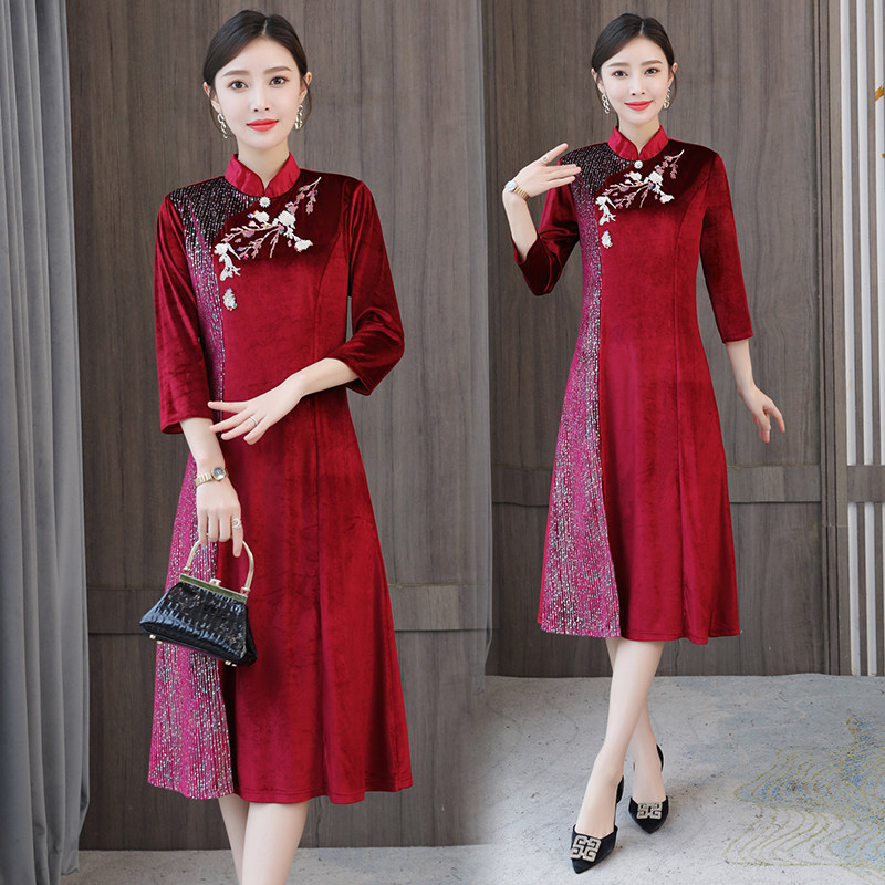 结婚礼妈妈礼服父母亲喜婆婆婚宴装旗袍高贵年轻洋气连衣裙秋