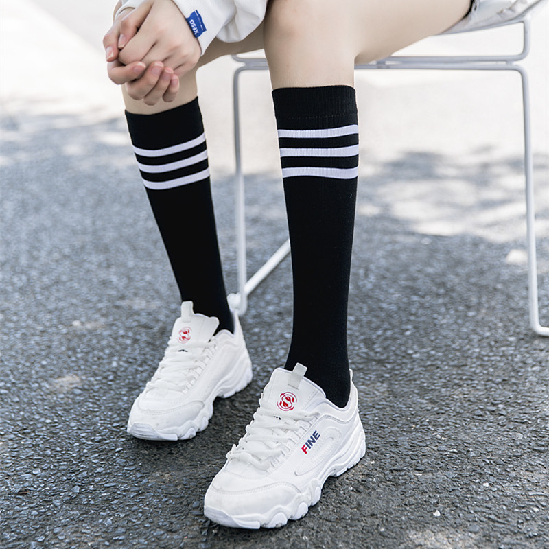满199减25袜子女ins潮夏薄款中筒袜三杠纯色堆堆袜女薄款透气齐膝