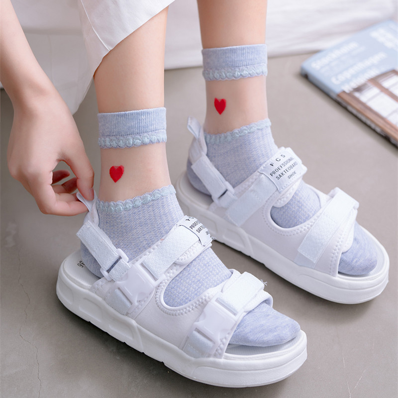 网纱春季袜子女潮网红款水晶丝袜ins中筒袜透明爱心提花凉鞋袜i子