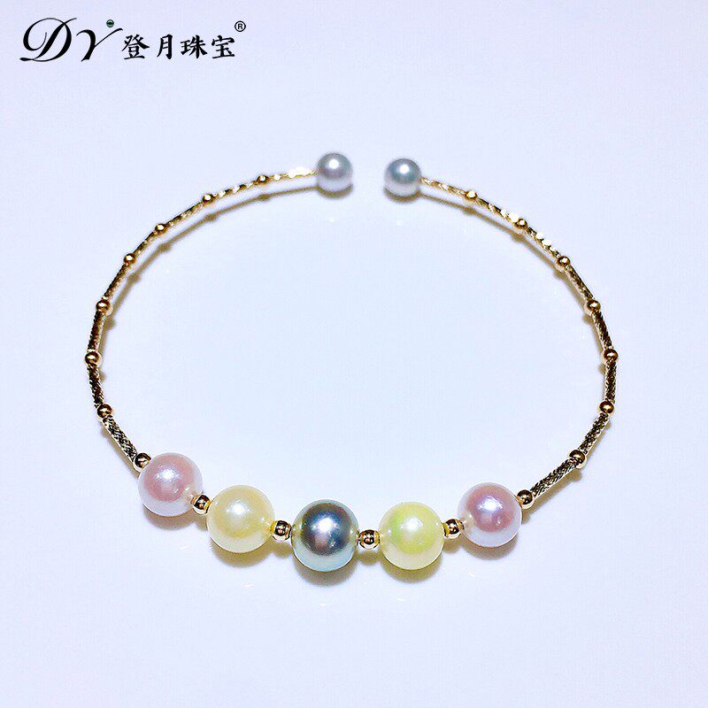 天然akoya海水珍珠手镯18k金混彩色手串糖果色手链正圆新款baby女