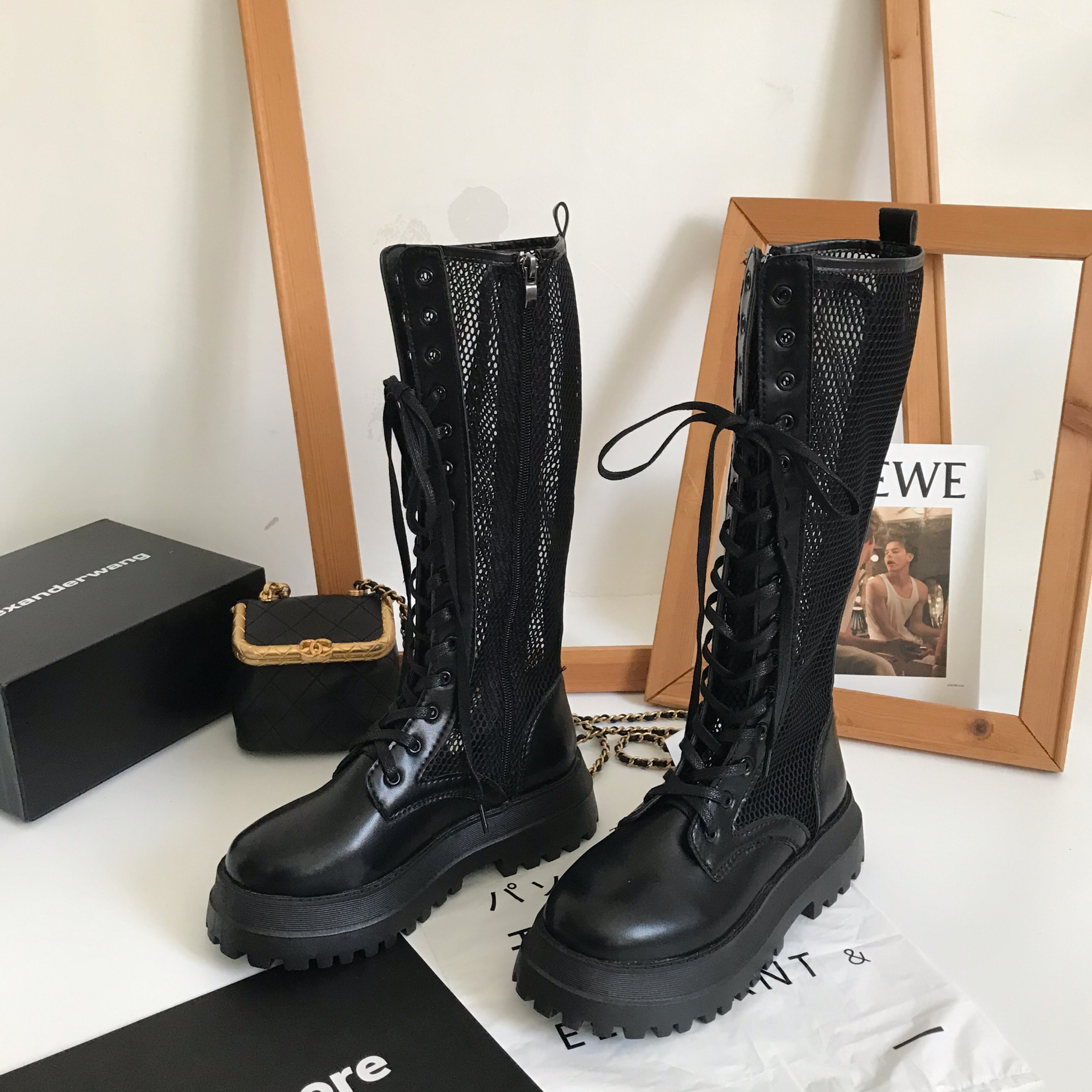 小sun家2021夏机车靴厚底高筒镂空薄款马丁靴女百搭骑士靴ins潮