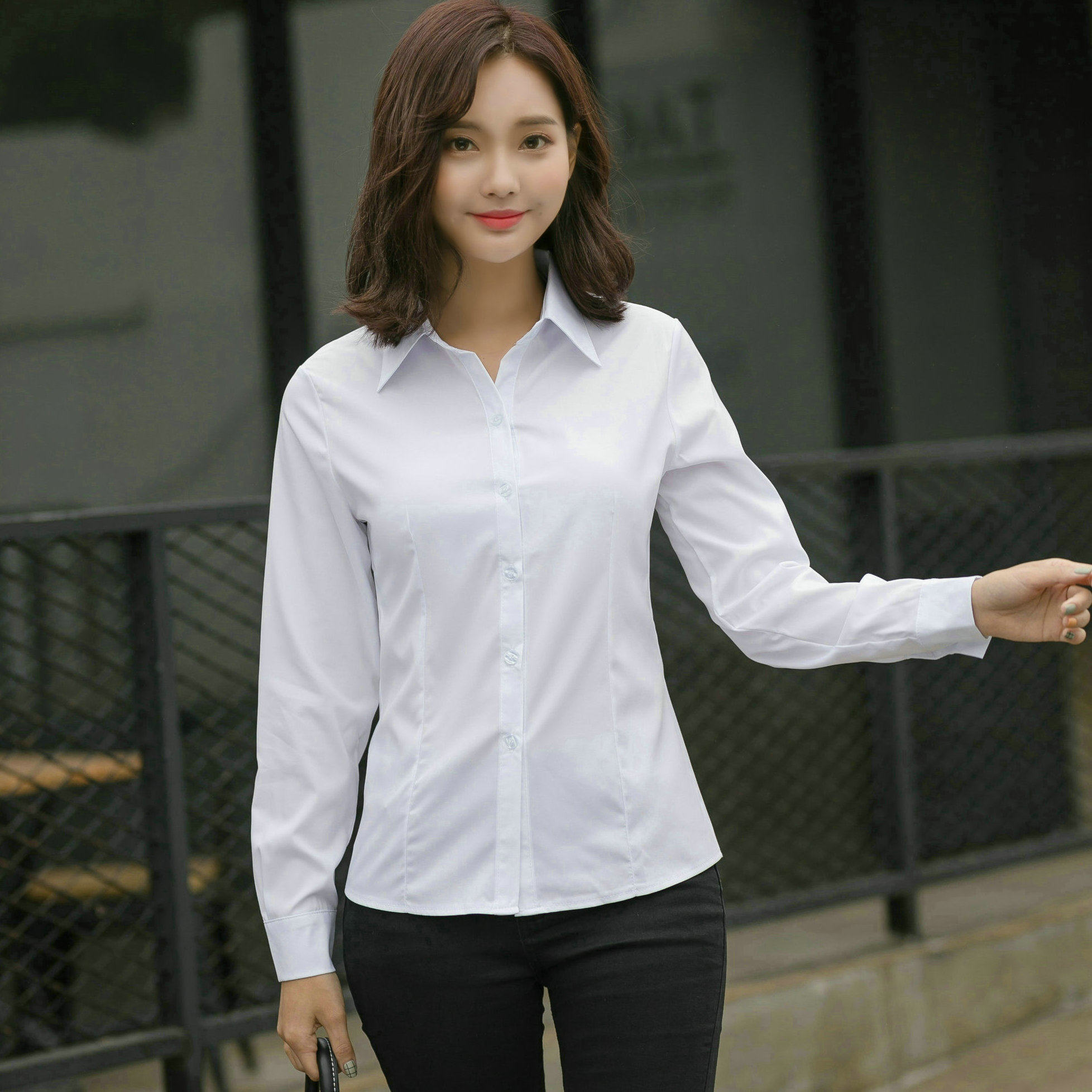 宽大衬衣女装_韩版女衬衣长袖白衬衫学生职业女装宽大码工作服打底衫