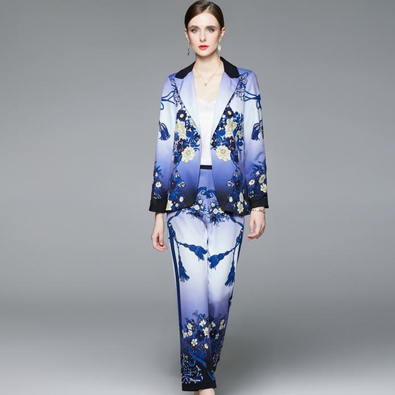 欧洲站大牌女装时尚晕染印花小西服西装外套修身长裤套装女两件套