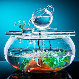 金鱼缸桌面创意懒人免换水圆形玻璃鱼缸客厅造景茶壶装饰流水鱼缸