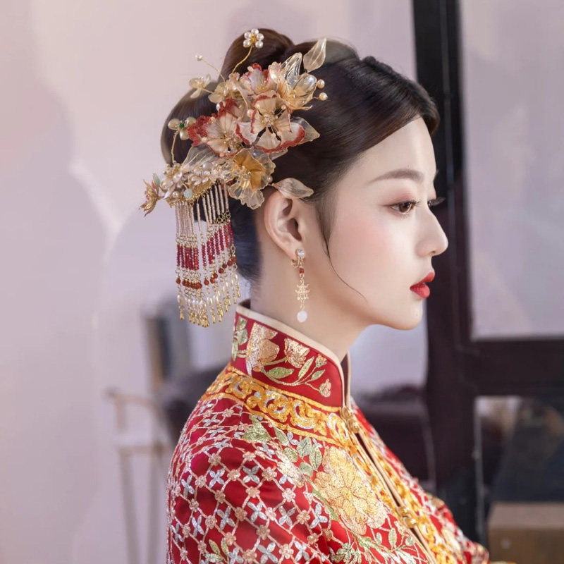 中式造花液头饰唯美花朵立体手工古装秀禾服拍照写真盘发新娘发饰