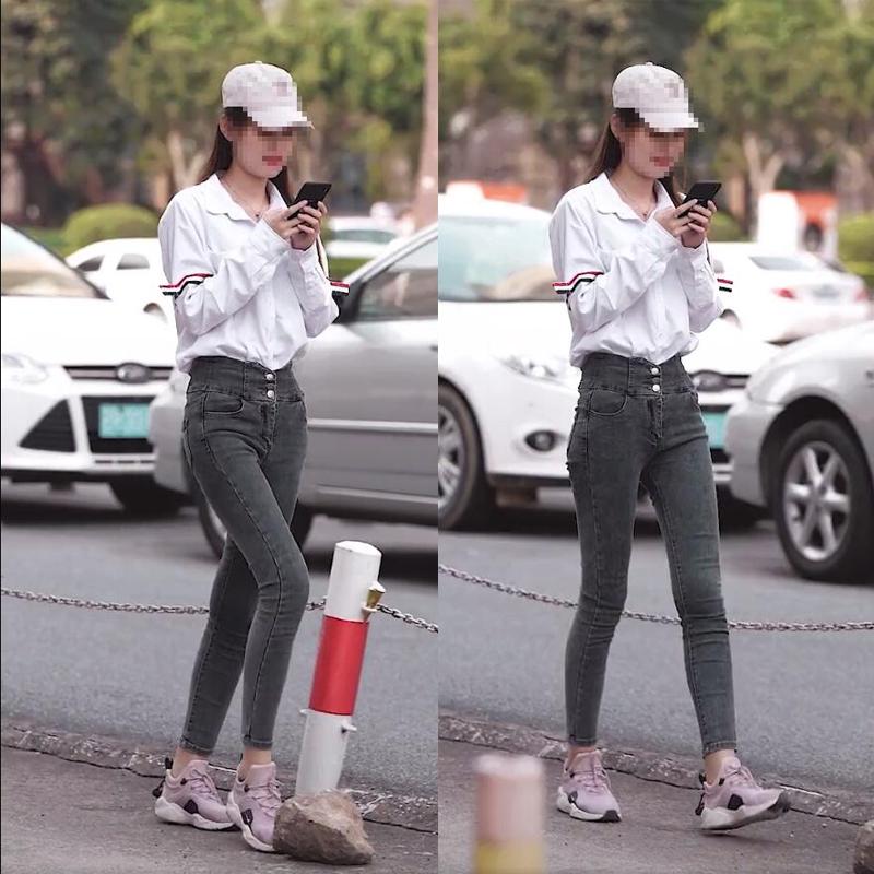 李小野街拍抖音同款白色长袖衬衫灰色修身牛仔裤休闲气质韩版宽松