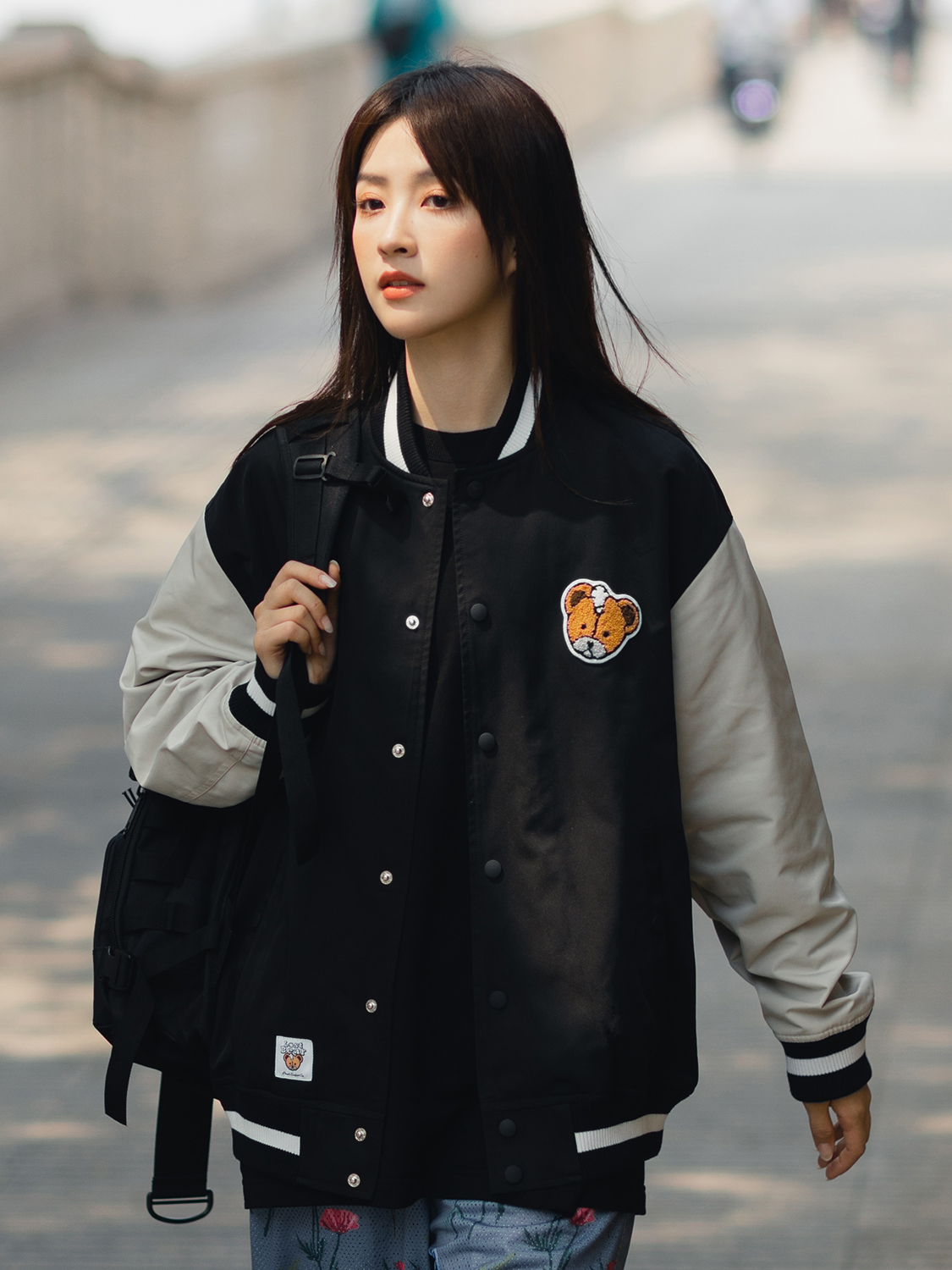 pso brand 小熊刺绣拼接薄款棒球服外套情侣款夹克男2021春季新款