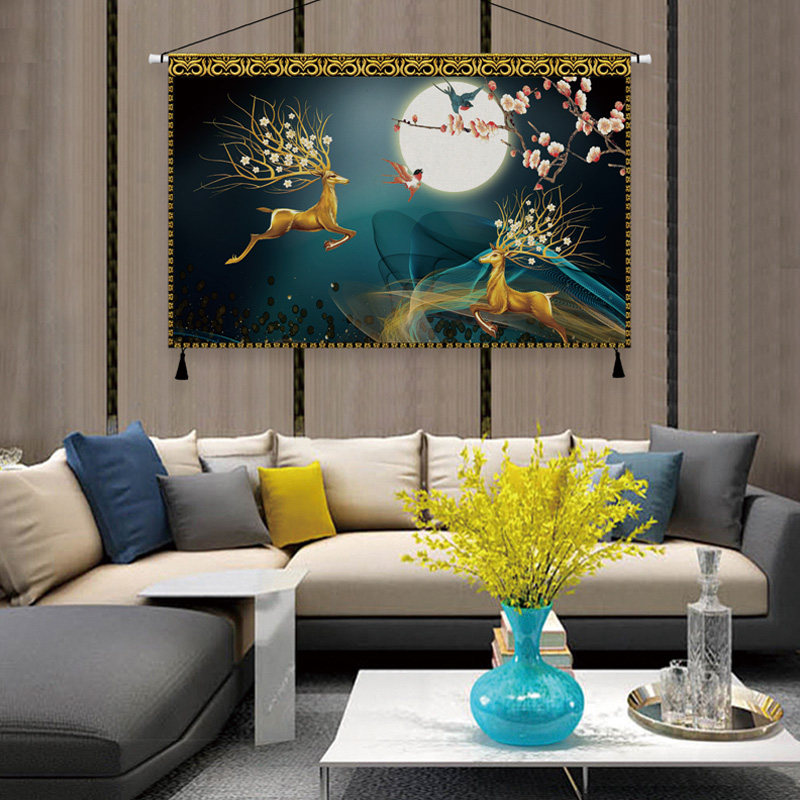 挂画布艺轻奢现代客厅沙发背景墙装饰画横版卧室床头挂毯挂布麋鹿