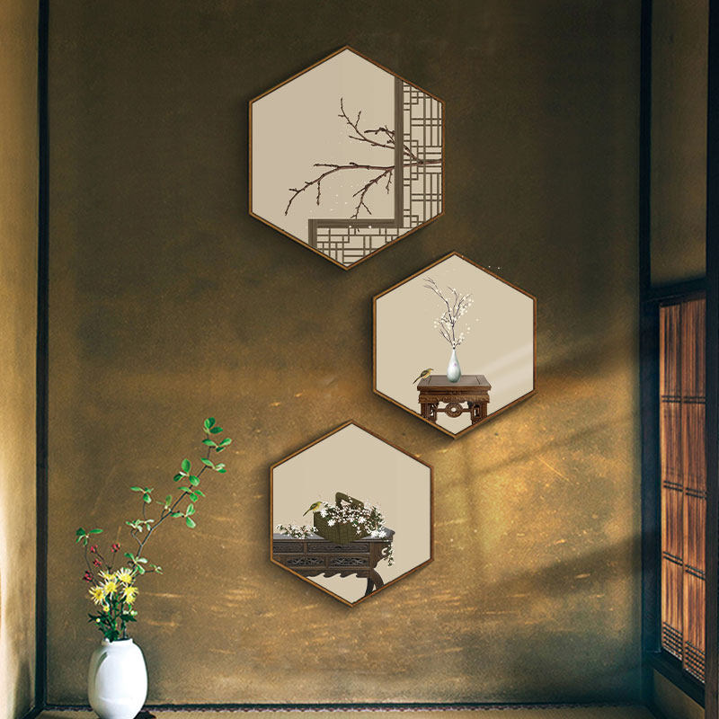 新中式民宿古风挂画禅意茶室背景墙装饰画楼梯玄关过道六边形壁画