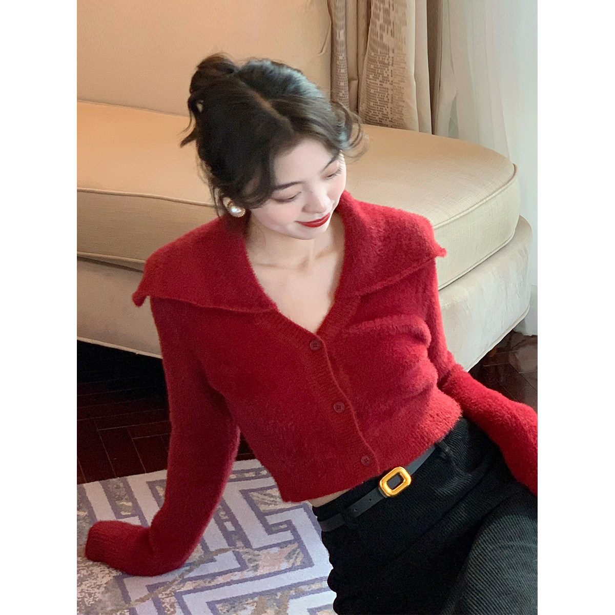 syt气质风girl新年红色洋气修身针织衫女法式小众复古大翻领毛衣