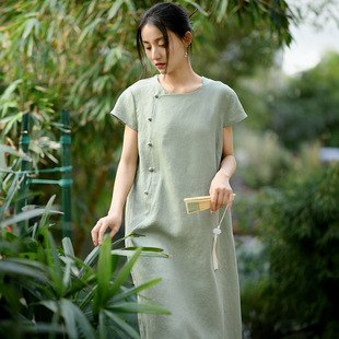 新中式女装2024夏季新款短袖亚麻连衣裙女中国风复古盘扣长裙