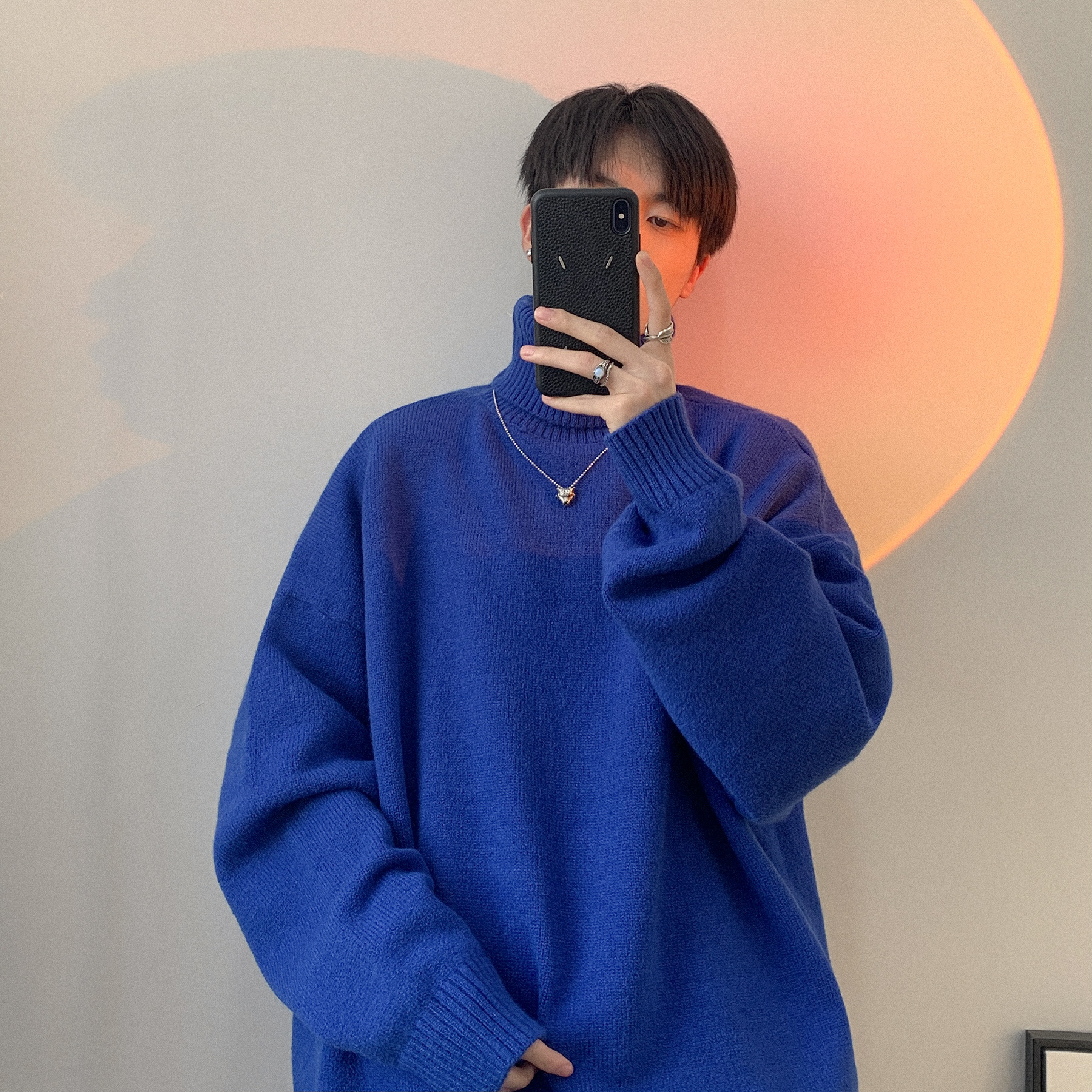 tj潮酷男装冬季克莱因蓝高领毛衣男式潮流衣服秋冬男装打底衫男针