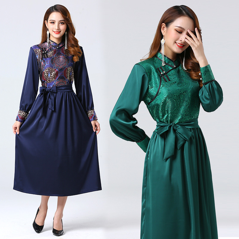 夏新款民族风蒙古元素蒙古服装女士连衣裙立领春时尚蒙古袍日常装