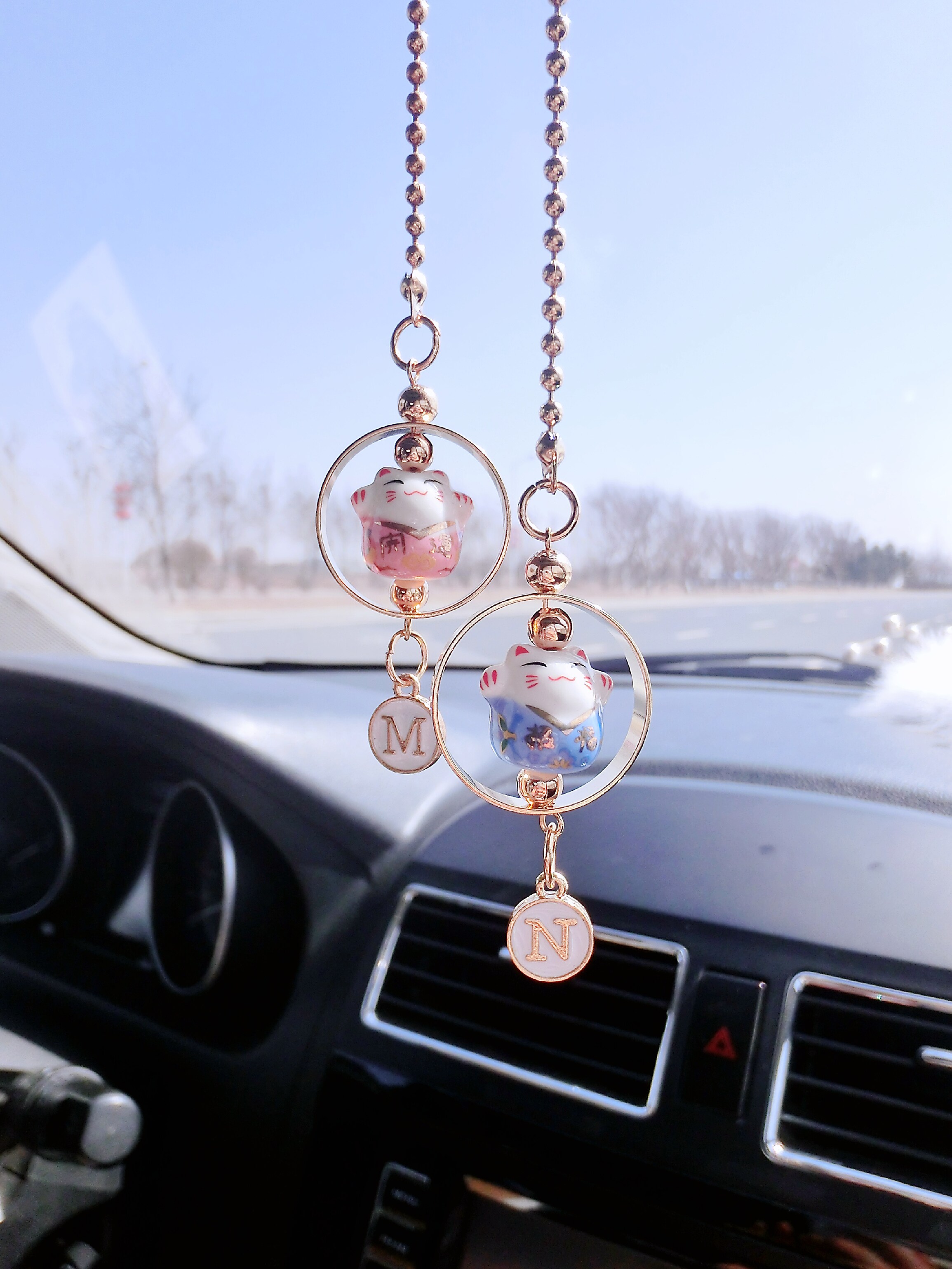 字母招财猫汽车挂件饰品一鹿平安后视镜车挂水钻球车载吊坠女优惠券
