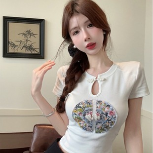 新中式国风盘扣短袖刺绣T恤女夏季新款短款修身独特别致小衫上衣
