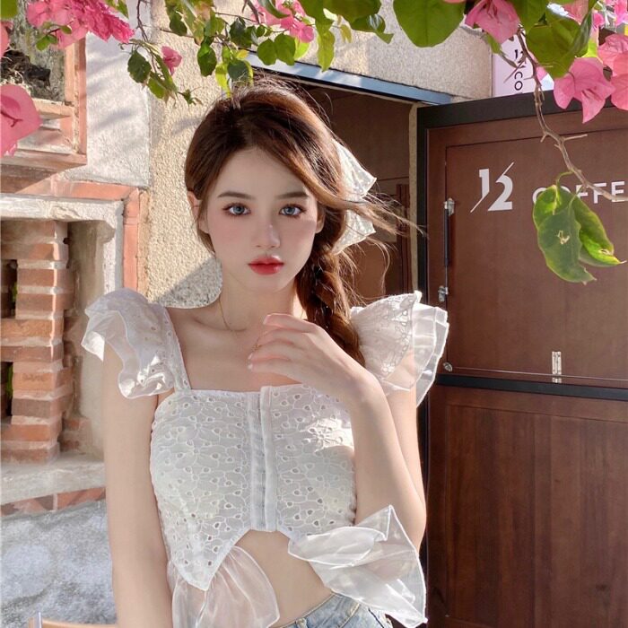 网红抖音同款直播衣服女主播服装上镜性感超仙双层泡泡袖上衣女