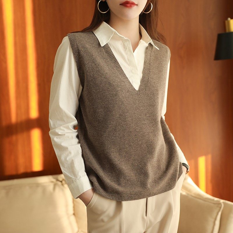 100纯羊毛韩版毛衣马甲背心女针织衫2021年新款秋冬无袖上衣冬季