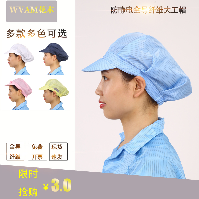 防静电帽子大工帽静电工作帽无尘服帽子静电女帽防静电帽带檐帽