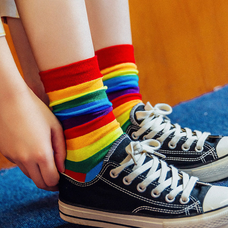 韩国学院风百搭糖果色彩虹袜子女ins潮运动风条纹中筒袜彩虹袜子
