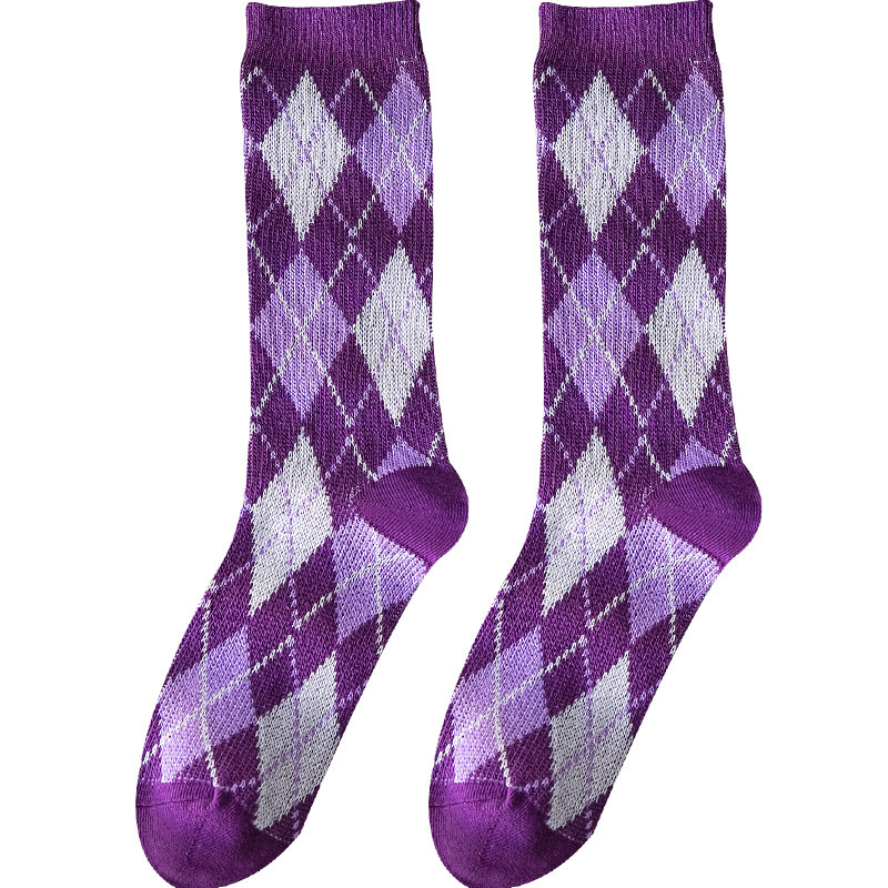 紫色菱格袜子女中筒复古堆堆袜韩国日系秋冬季长袜纯棉花边长筒袜
