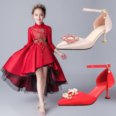 儿童小高跟鞋水晶公主鞋尖头细跟女童皮鞋模特走秀舞台礼服演出鞋