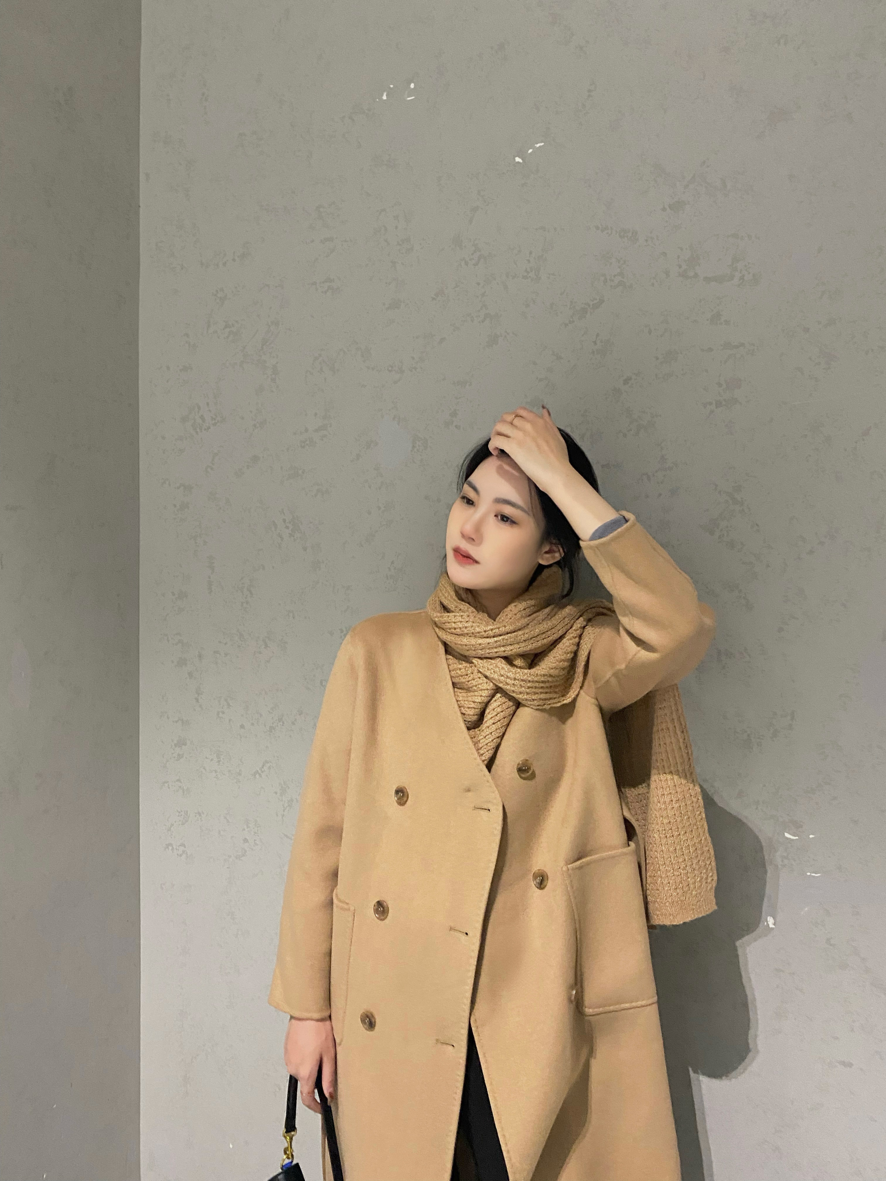 2021高端秋冬羊绒羊毛大衣女毛呢外套双排扣自带围巾气质中长款