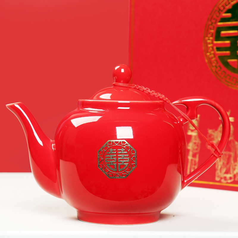 结婚庆新人敬茶壶结婚礼品中国红色龙凤红双喜泡茶壶陶瓷水壶