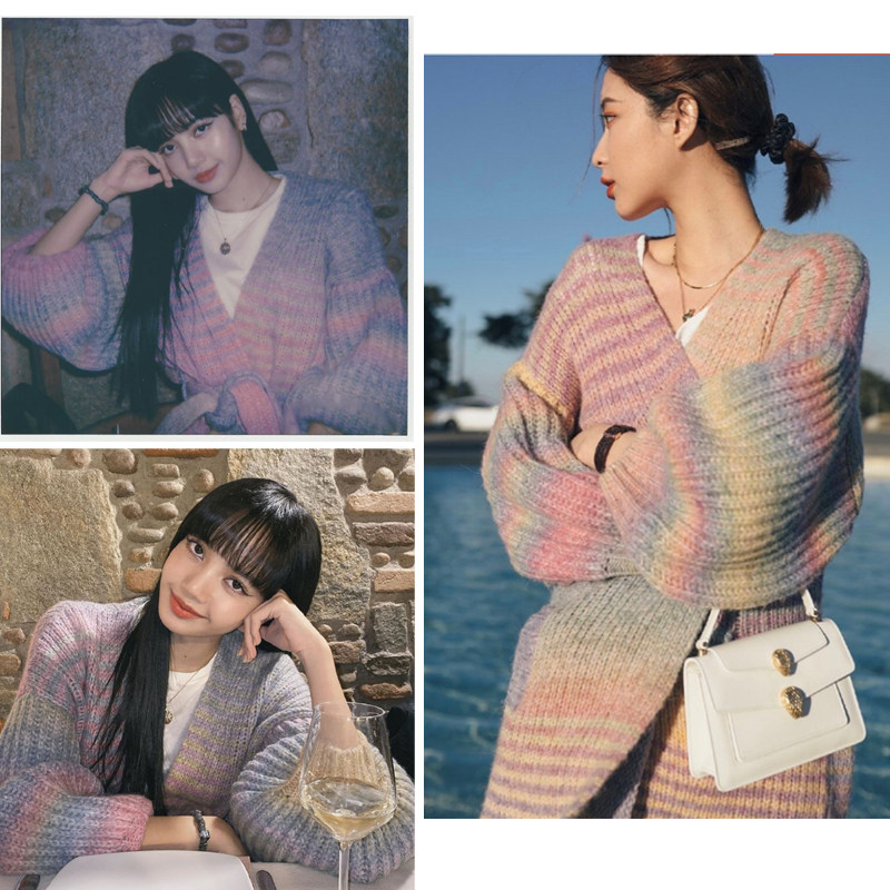 特价彩虹色外套_青春有你20早春新款lisa同款彩虹色针织开衫毛衣外套