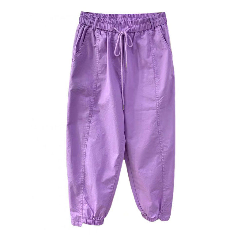 欧洲站紫色工装裤女宽松九分裤潮薄款松紧腰休闲束脚哈伦裤子夏天